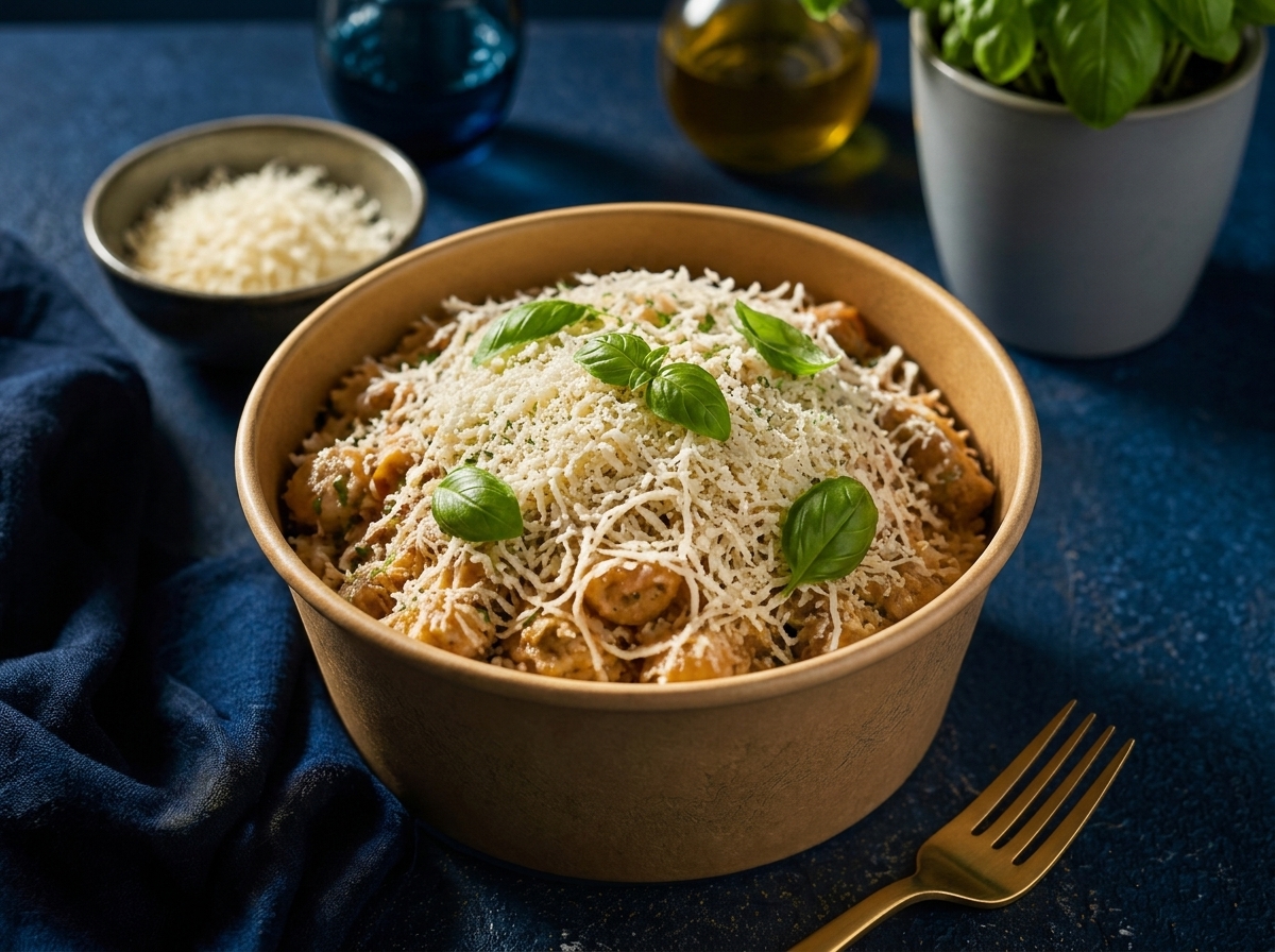 Pasta Napolitana con salsa de tomate, albahaca, aceitunas negras y queso rallado