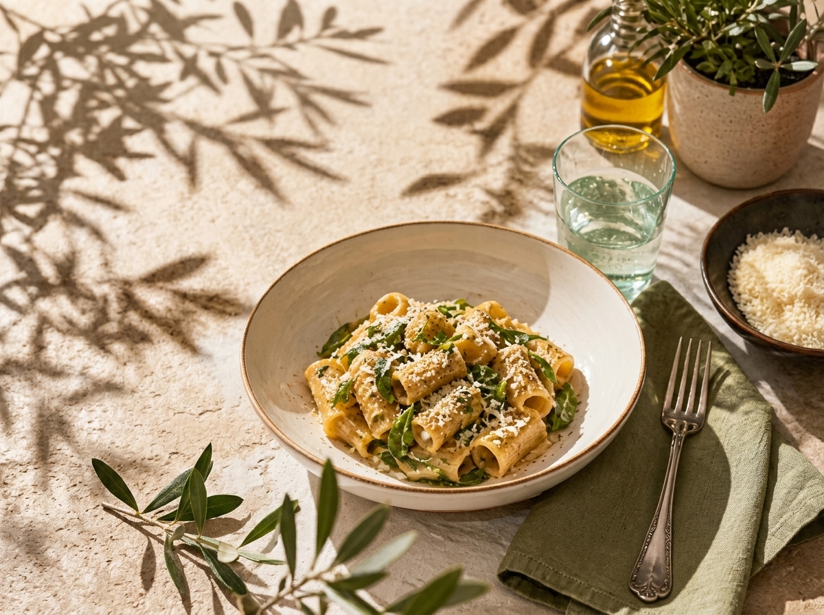 Rigatoni al Pesto y Spinaci — fotografía del plato emplatado